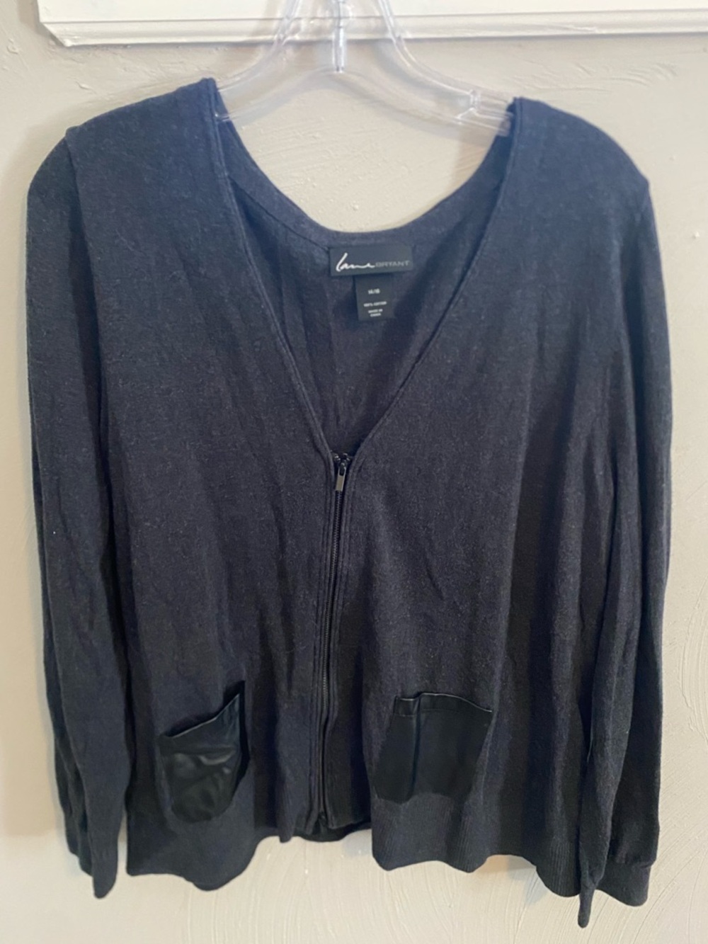Lane Bryant Gray Zip Front Cardigan with Leather Pockets. Size 14/16